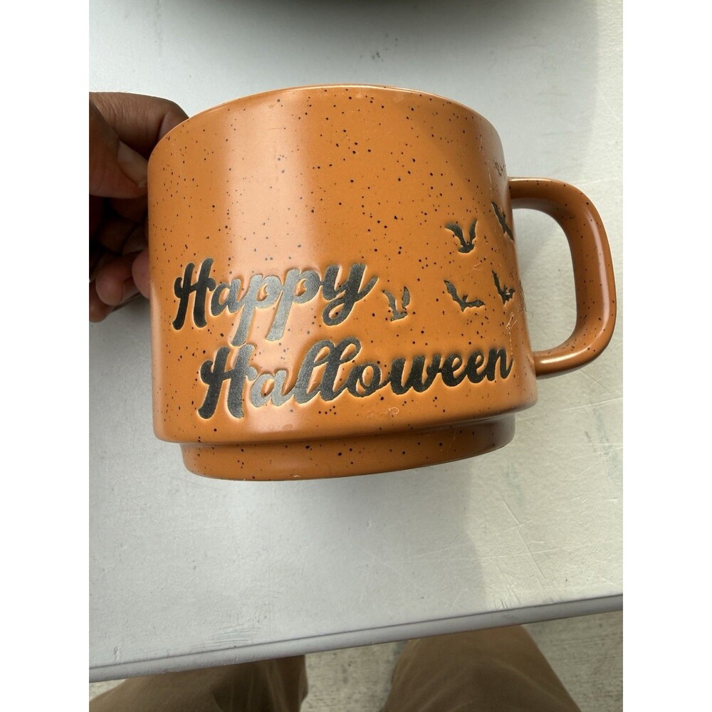Market Finds Happy Halloween Mug Orange Speckled Ceramic Bats Coffee Tea Cup